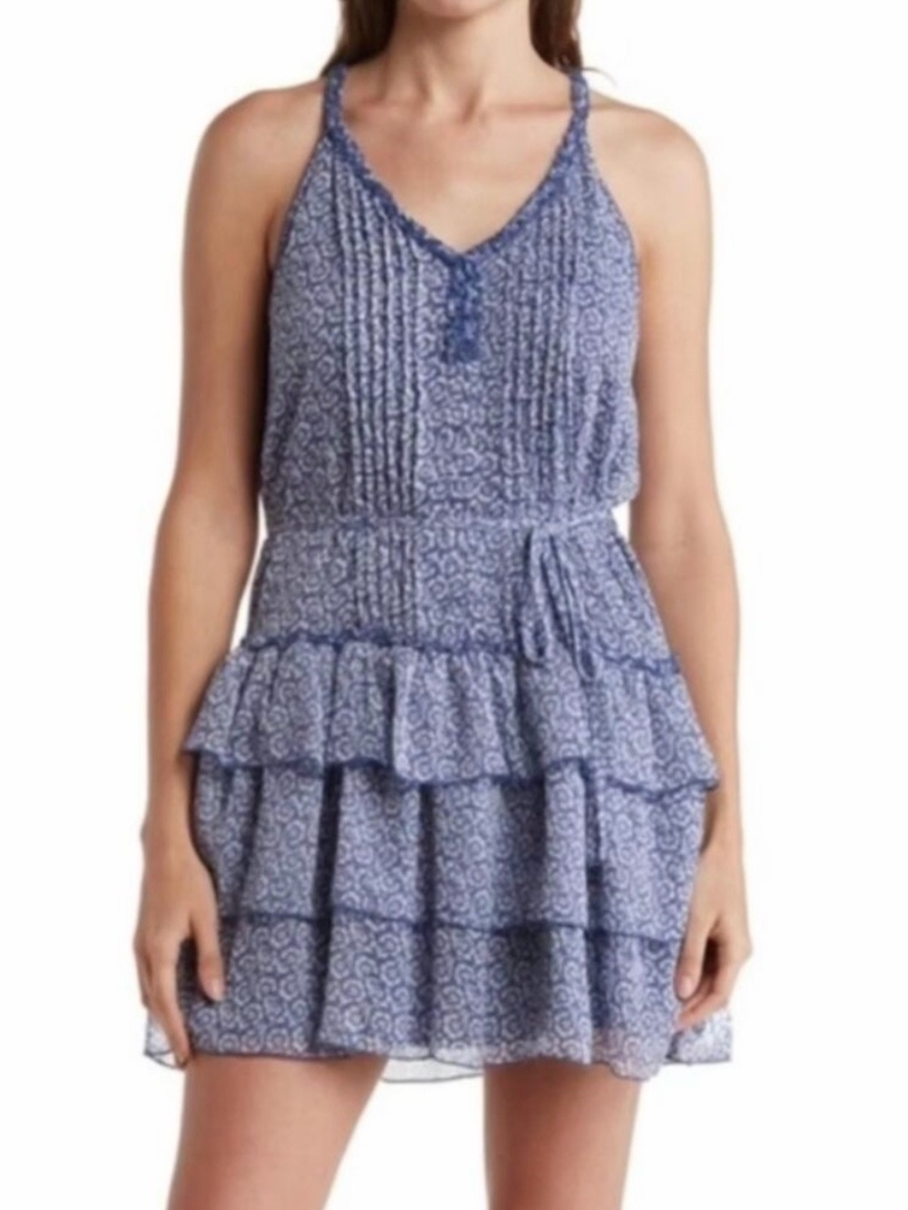 1.State Blue & White Floral Tiered Drop Waist Mini Dress